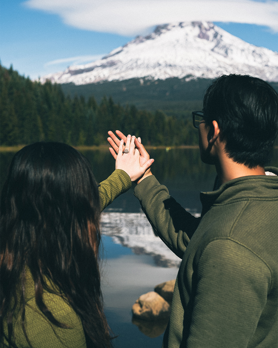 Cinematic Surprise Proposal at Trillium Lake with the View of Snowy Mount Hood — photograph 3 of 10